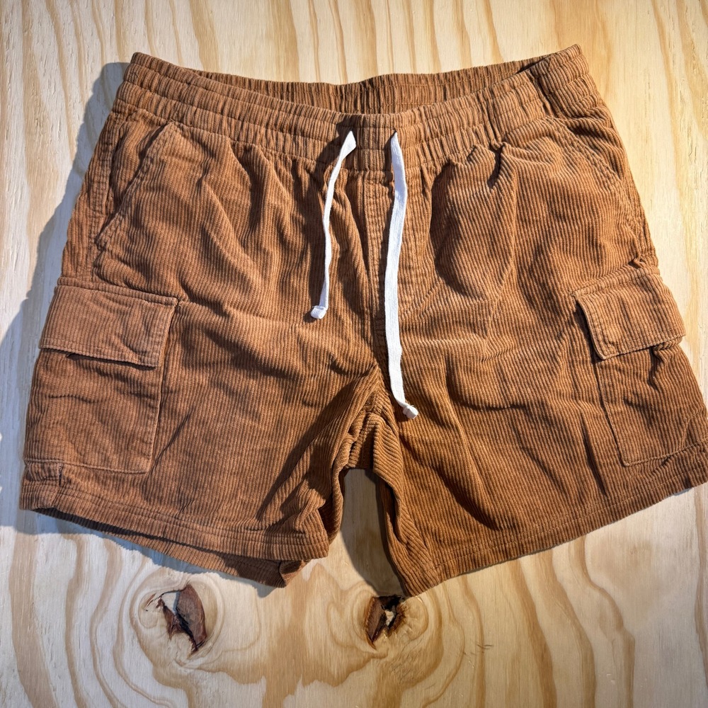 Baggy Men's Corduroy Cargo Shorts Brown Elastic Drawstring Waist Size L